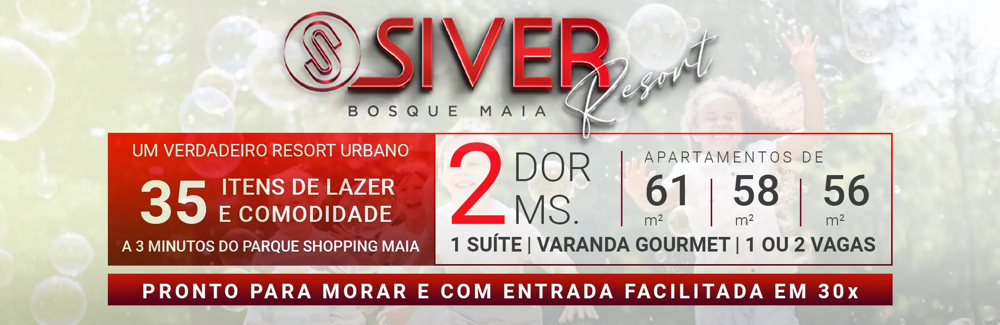 Siver Resort Bosque Maia | Apartamentos de 61m² com 2 Dorms | 1 Suíte | Varanda Gourmet | 1 ou 2 Vagas de Garagem