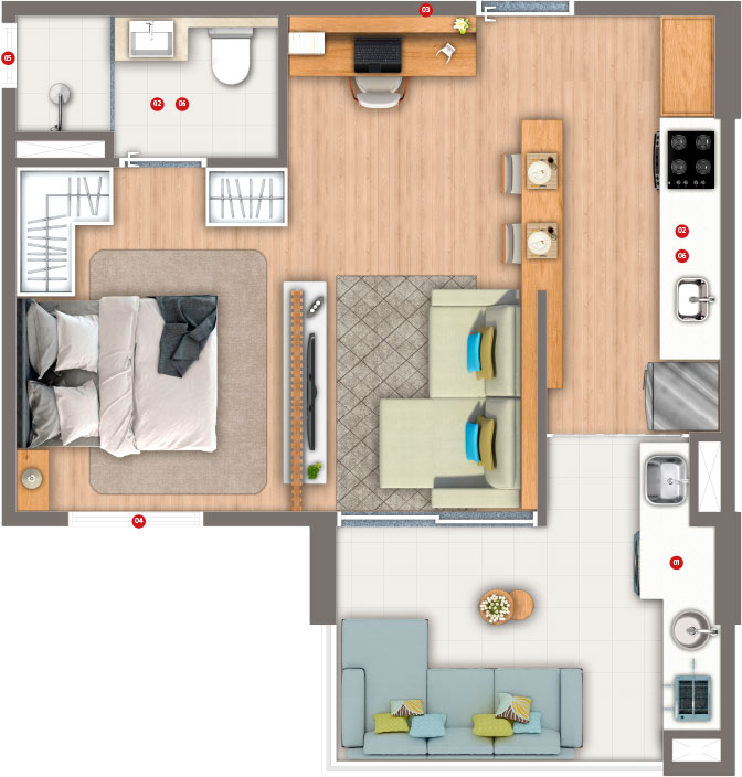 Planta do Apartamento SIVER Resort de 40 m² | 1 dorm | Living Ampliado ou Varanda Gourmet