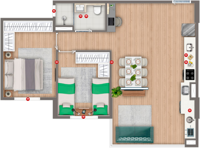 Planta do Apartamento SIVER Resort de 56 m² | 2 dorms | Living Ampliado ou Varanda Gourmet | 1 ou 2 Vagas